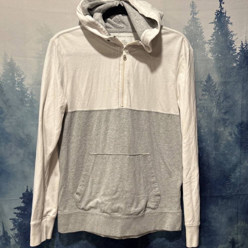 American Eagle Men's Colorblock‎ Cotton Knit 1/2 Zip Hoodie Gray White Size Sm